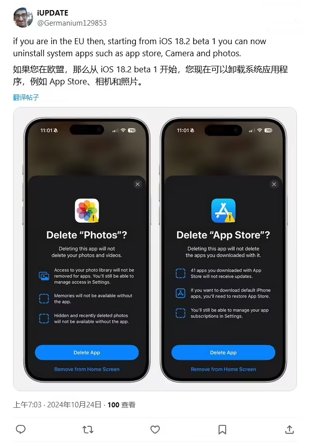 王场镇苹果手机维修分享iOS 18.2 支持删除 App Store 应用商店 