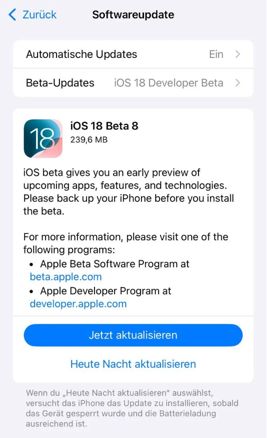 王场镇苹果手机维修分享苹果 iOS / iPadOS 18 开发者预览版 Beta 8 发布 